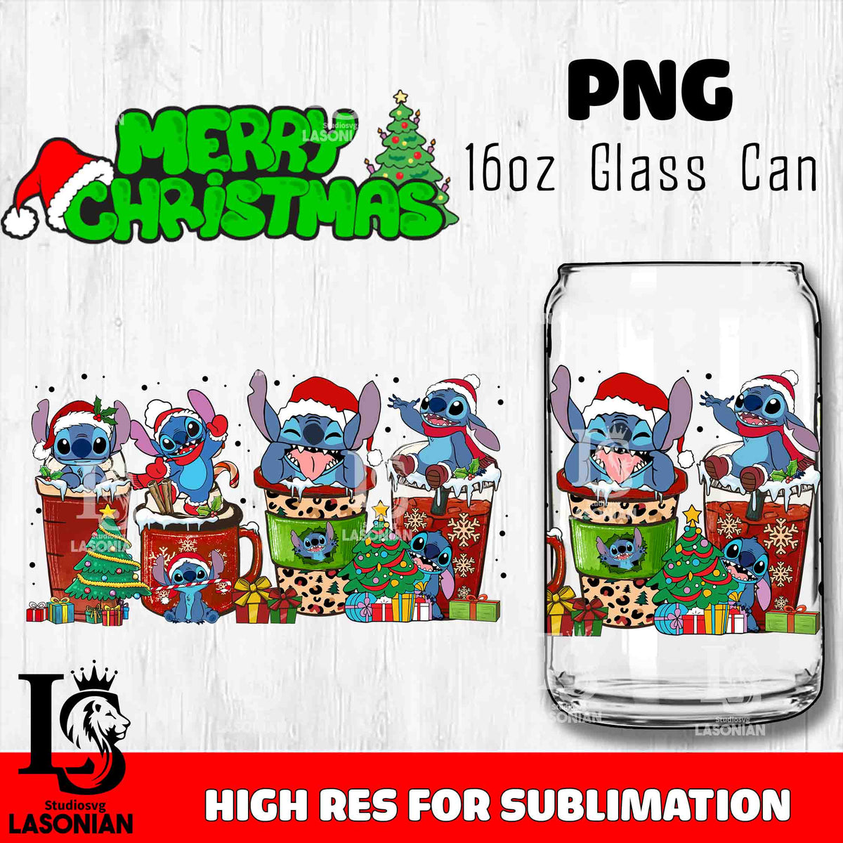 stitch christmas PNG, stitch Glass Cup Wrap , Libbey Can Glass Cup