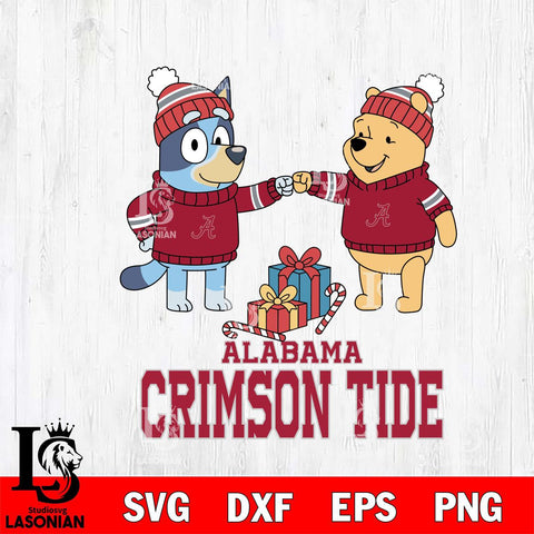 Alabama Crimson Tide Bluey With Winnie The Pooh Christmas File Cut, NCAA SVG DXF EPS PNG FILE, Digital Download,Instant Download, Silhouette