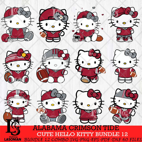 Alabama Crimson Tide Cute Hello Kitty Bundle 12 SVG Eps Dxf Png File, NCAA Bundle svg, Digital Download, Instant Download