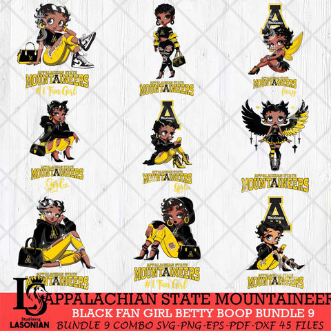 Appalachian State Mountaineers Black Fan Girl Betty Boop Bundle 9, Svg Eps Dxf Png File, Digital Download