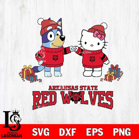 Arkansas State Red Wolves Bluey With Hello kitty Christmas File Cut, NCAA SVG DXF EPS PNG FILE, Digital Download,Instant Download, Silhouette