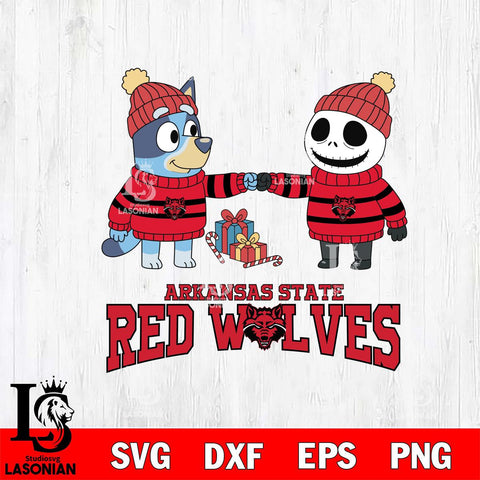 Arkansas State Red Wolves Bluey With Jack Skellington Christmas File Cut, NCAA SVG DXF EPS PNG FILE, Digital Download,Instant Download, Silhouette