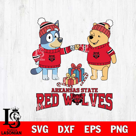 Arkansas State Red Wolves Bluey With Winnie The Pooh Christmas File Cut, NCAA SVG DXF EPS PNG FILE, Digital Download,Instant Download, Silhouette