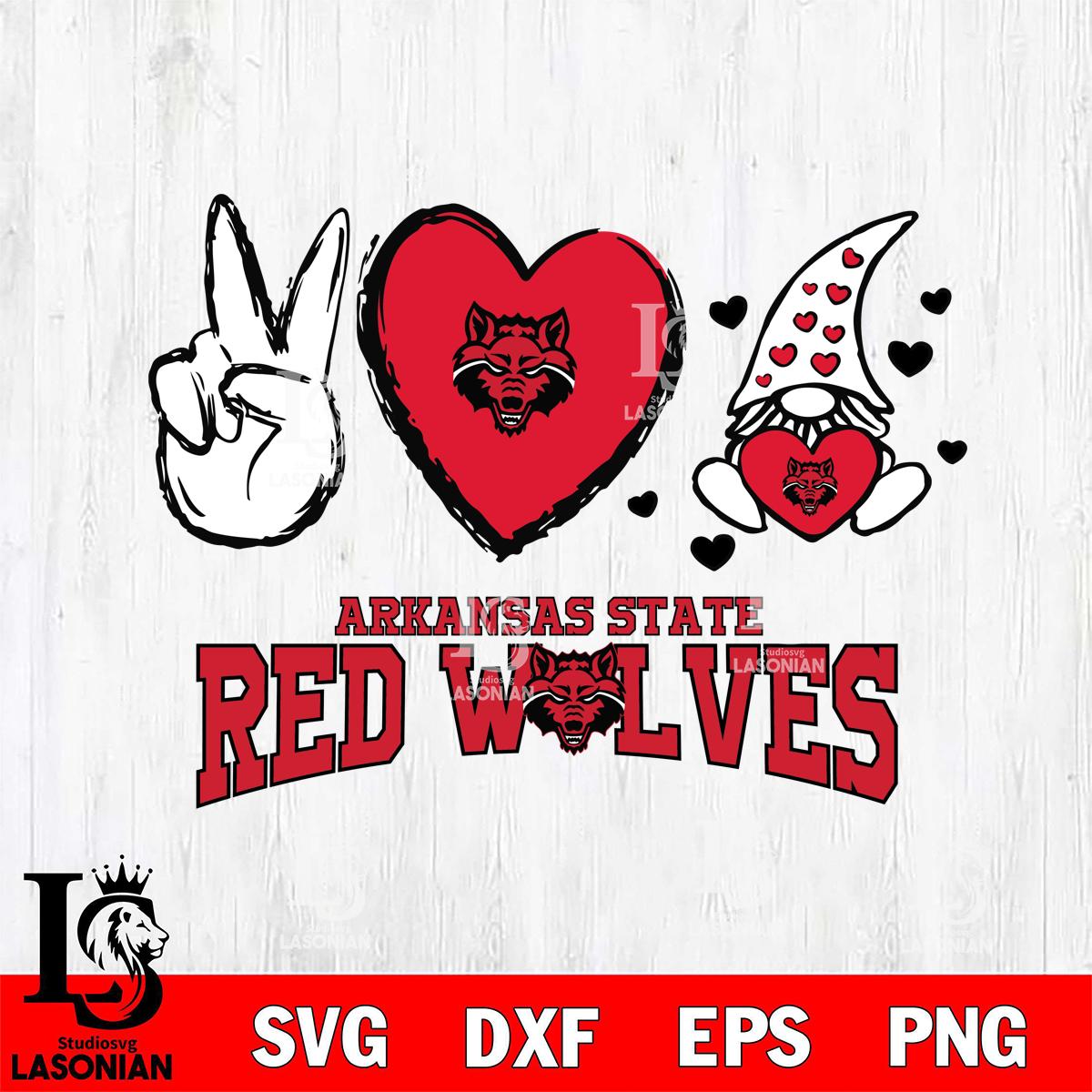 Arkansas State Red Wolves Gnomes Peace & Love – lasoniansvg