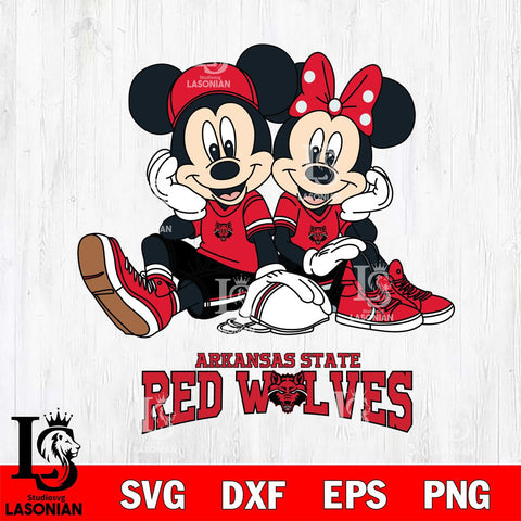 Arkansas State Red Wolves Mickey Minnie Mouse Football Sit Svg Eps Dxf Png File, NCAA svg , File Cut , Digital Download , Instant Download, Cut Svg Files