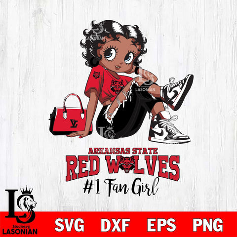 Arkansas State Red Wolves #1 Black Fan Girl Betty Boop, Svg Eps Dxf Png File, Digital Download