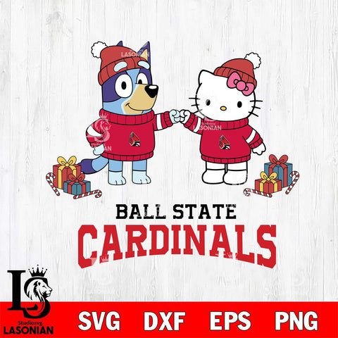 Ball State Cardinals Bluey With Hello kitty Christmas File Cut, NCAA SVG DXF EPS PNG FILE, Digital Download,Instant Download, Silhouette