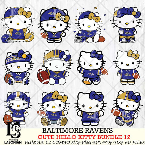 Baltimore Ravens Cute Hello Kitty NFL Bundle 12 SVG Svg Eps Dxf Png File, NFL svg, Digital Download, Instant Download