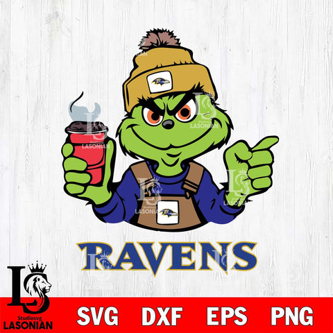 Baltimore Ravens Grinch with coffee Svg Eps Dxf Png File, Digital Download, Instant Download