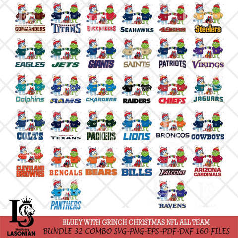 Bluey With Grinch Christmas NFL ALL TEAM Cricut,Bundle NFL SVG DXF EPS PNG FILE, Digital Download,Instant Download, Silhouette