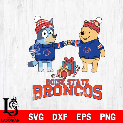 Boise State Broncos Bluey With Winnie The Pooh Christmas File Cut, NCAA SVG DXF EPS PNG FILE, Digital Download,Instant Download, Silhouette