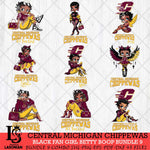 Central Michigan Chippewas Black Fan Girl Betty Boop Bundle 9, Svg Eps Dxf Png File, Digital Download