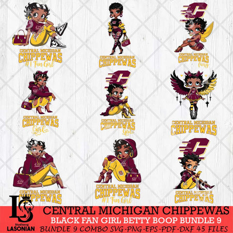 Central Michigan Chippewas Black Fan Girl Betty Boop Bundle 9, Svg Eps Dxf Png File, Digital Download