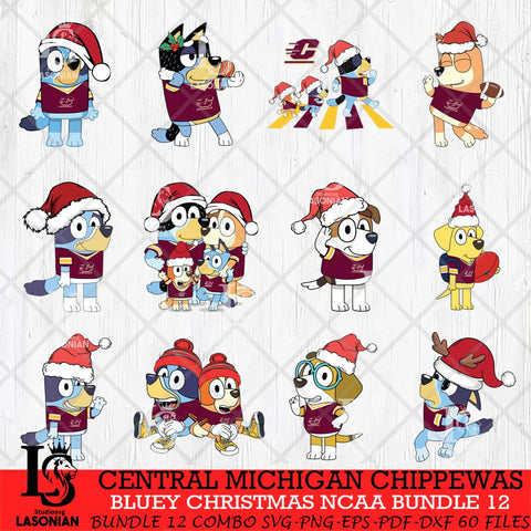Central Michigan Chippewas Bluey Christmas NCAA Bundle 12 SVG Eps Dxf Png File, Digital Download, Instant Download