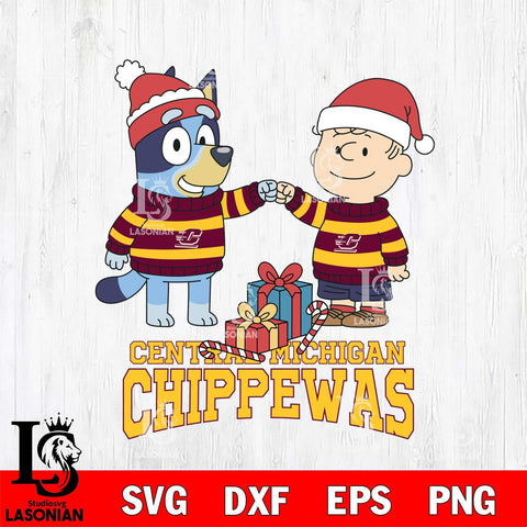 Central Michigan Chippewas Bluey With Charlie Brown Christmas File Cut, NCAA SVG DXF EPS PNG FILE, Digital Download,Instant Download, Silhouette