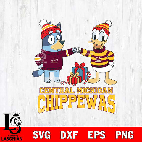 Central Michigan Chippewas Bluey With Donald Duck Christmas File Cut, NCAA SVG DXF EPS PNG FILE, Digital Download,Instant Download, Silhouette
