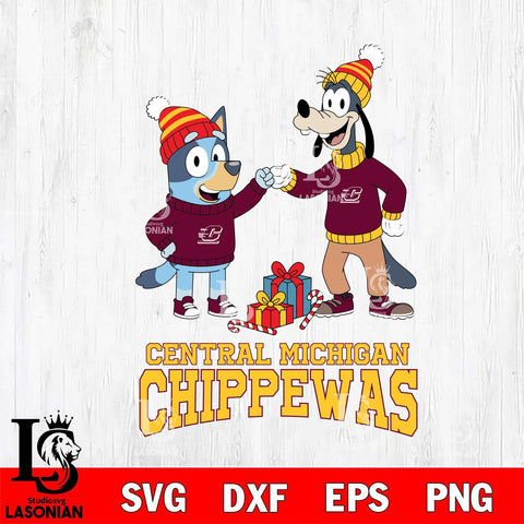 Central Michigan Chippewas Bluey With Goofy Christmas File Cut, NCAA SVG DXF EPS PNG FILE, Digital Download,Instant Download, Silhouette