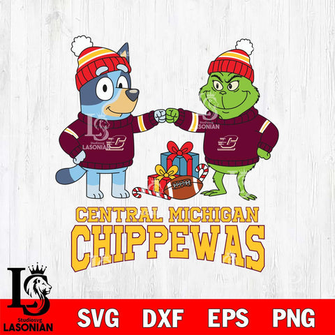 Central Michigan Chippewas Bluey With Grinch Christmas File Cut, NCAA SVG DXF EPS PNG FILE, Digital Download,Instant Download, Silhouette