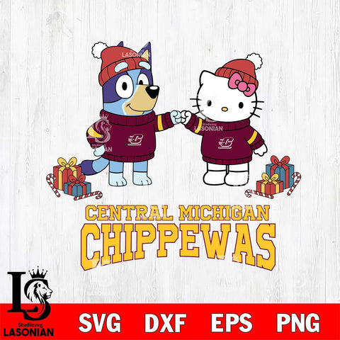 Central Michigan Chippewas Bluey With Hello kitty Christmas File Cut, NCAA SVG DXF EPS PNG FILE, Digital Download,Instant Download, Silhouette