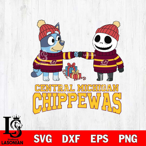 Central Michigan Chippewas Bluey With Jack Skellington Christmas File Cut, NCAA SVG DXF EPS PNG FILE, Digital Download,Instant Download, Silhouette