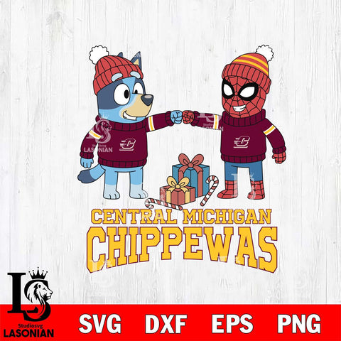 Central Michigan Chippewas Bluey With Spider man Christmas File Cut, NCAA SVG DXF EPS PNG FILE, Digital Download,Instant Download, Silhouette