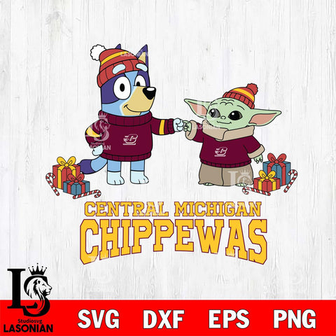 Central Michigan Chippewas Bluey With Yoda Christmas File Cut, NCAA SVG DXF EPS PNG FILE, Digital Download,Instant Download, Silhouette