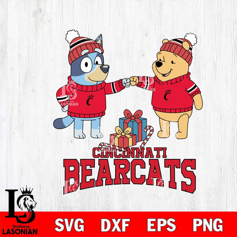 Cincinnati Bearcats Bluey With Winnie The Pooh Christmas File Cut, NCAA SVG DXF EPS PNG FILE, Digital Download,Instant Download, Silhouette