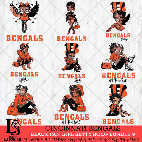 Cincinnati Bengals Black Fan Girl Betty Boop Bundle 9 Svg Eps Dxf Png File, Digital Download, Instant Download