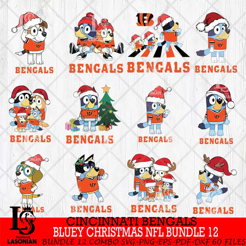 Cincinnati Bengals Bluey Christmas NFL Bundle 12 Svg Eps Dxf Png File,Cut Svg Files, Digital File, Sublimation