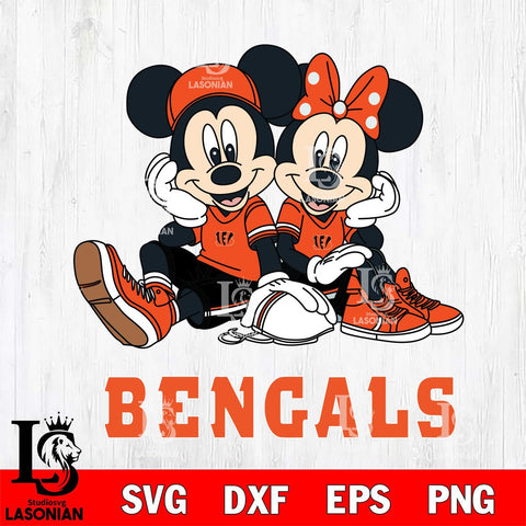 Cincinnati Bengals Mickey Minnie Mouse Football Sit Svg Eps Dxf Png File, Bundle NFl svg , File Cut , Digital Download , Instant Download, Laser Cut Svg Files