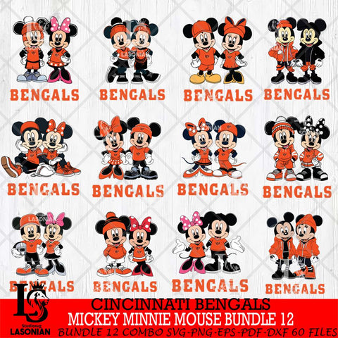 Cincinnati Bengals Mickey Minnie Mouse NFL Bundle 12 Svg Eps Dxf Png File, Bundle NFl svg , File Cut , Digital Download , Instant Download, Laser Cut Svg Files