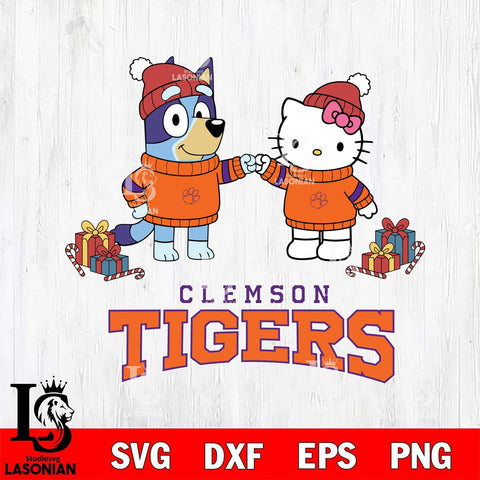 Clemson Tigers Bluey With Hello kitty Christmas File Cut, NCAA SVG DXF EPS PNG FILE, Digital Download,Instant Download, Silhouette