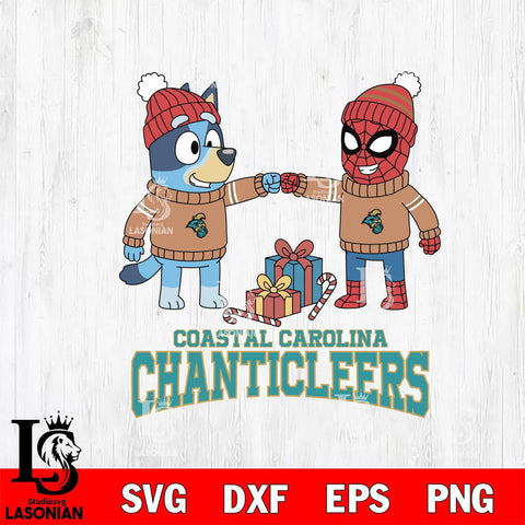 Coastal Carolina Chanticleers Bluey With Spider man Christmas File Cut, NCAA SVG DXF EPS PNG FILE, Digital Download,Instant Download, Silhouette