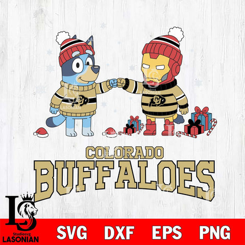 Colorado Buffaloes Bluey With Iron man Christmas File Cut, NCAA SVG DXF EPS PNG FILE, Digital Download,Instant Download, Silhouette