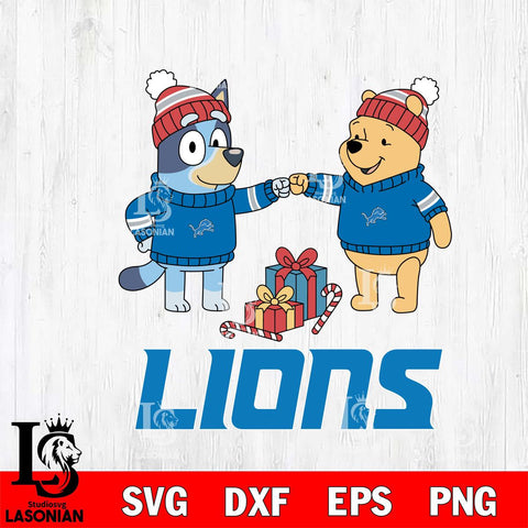 Detroit Lions Bluey With Winnie The Pooh Christmas Cricut,Christmas SVG DXF EPS PNG FILE, Digital Download,Instant Download, Silhouette