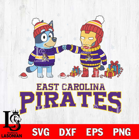 East Carolina Pirates Bluey With Iron man Christmas File Cut, NCAA SVG DXF EPS PNG FILE, Digital Download,Instant Download, Silhouette