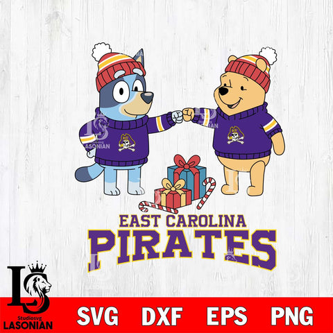 East Carolina Pirates Bluey With Winnie The Pooh Christmas File Cut, NCAA SVG DXF EPS PNG FILE, Digital Download,Instant Download, Silhouette