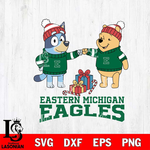 Eastern Michigan Eagles Bluey With Winnie The Pooh Christmas File Cut, NCAA SVG DXF EPS PNG FILE, Digital Download,Instant Download, Silhouette