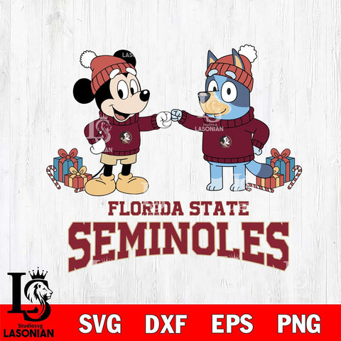 Florida State Seminoles Bluey With Mickey Christmas File Cut, NCAA SVG DXF EPS PNG FILE, Digital Download,Instant Download, Silhouette