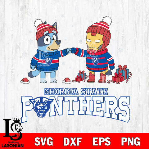 Georgia State Panthers Bluey With Iron man Christmas File Cut, NCAA SVG DXF EPS PNG FILE, Digital Download,Instant Download, Silhouette
