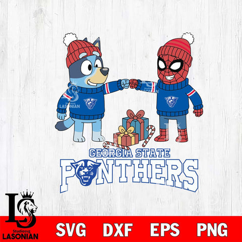 Georgia State Panthers Bluey With Spider man Christmas File Cut, NCAA SVG DXF EPS PNG FILE, Digital Download,Instant Download, Silhouette