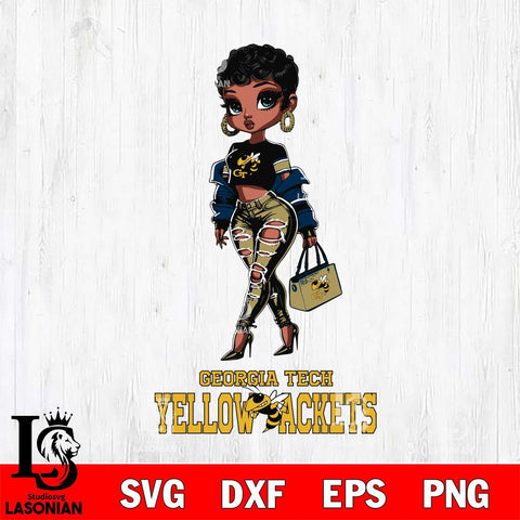 Georgia Tech Yellow Jackets Beautiful Black Fan Girl, Svg Eps Dxf Png File, Digital Download