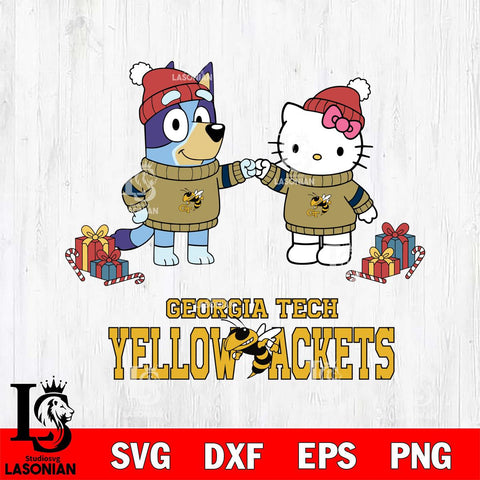 Georgia Tech Yellow Jackets Bluey With Hello kitty Christmas File Cut, NCAA SVG DXF EPS PNG FILE, Digital Download,Instant Download, Silhouette