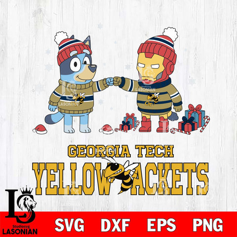 Georgia Tech Yellow Jackets Bluey With Iron man Christmas File Cut, NCAA SVG DXF EPS PNG FILE, Digital Download,Instant Download, Silhouette