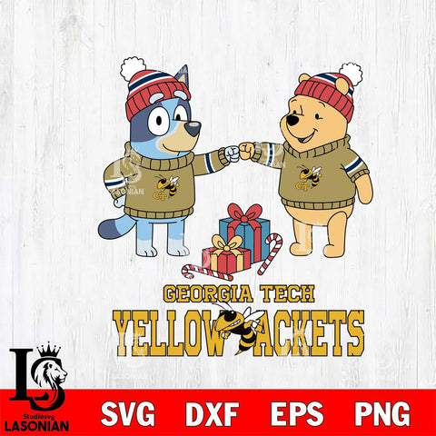 Georgia Tech Yellow Jackets Bluey With Winnie The Pooh Christmas File Cut, NCAA SVG DXF EPS PNG FILE, Digital Download,Instant Download, Silhouette