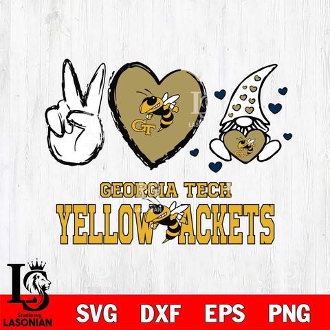 Georgia Tech Yellow Jackets Gnomes Peace & Love Svg Eps Dxf Png File, Digital Download, Instant Download