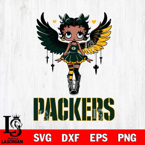 Green Bay Packers Anglel Black Fan Girl Betty Boop Svg Eps Dxf Png File, Digital Download, Instant Download