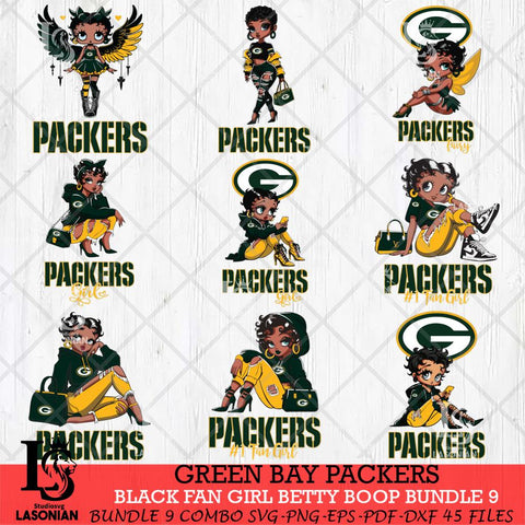 Green Bay Packers Black Fan Girl Betty Boop Bundle 9 Svg Eps Dxf Png File, Digital Download, Instant Download