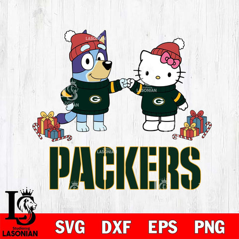 Green Bay Packers Bluey With Hello kitty Christmas Cricut,Christmas SVG DXF EPS PNG FILE, Digital Download,Instant Download, Silhouette