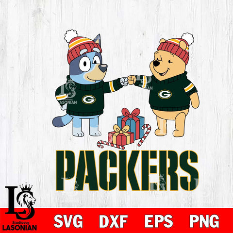Green Bay Packers Bluey With Winnie The Pooh Christmas Cricut,Christmas SVG DXF EPS PNG FILE, Digital Download,Instant Download, Silhouette